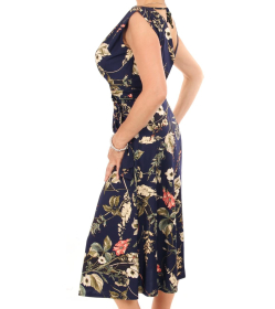 Navy Blue Floral V Neck Fit and Flare Dress