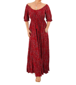 Dark Red Ditsy Print off the Shoulder Maxi Dress