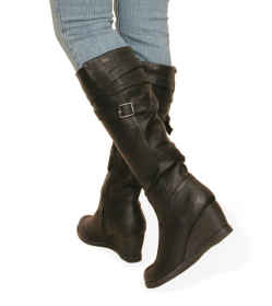 Black Leather Effect Wedge Boots