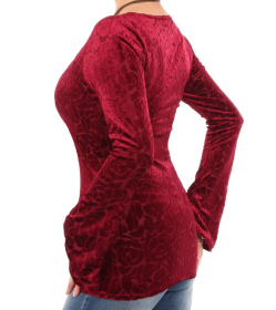 Dark Red Velour Burn Out Bell Sleeve Top