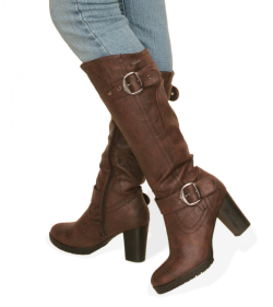 Brown Biker Style Buckle Detail Boots