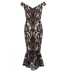 Black and Nude Fishtail Bardot Dress
