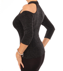 Black and Silver Sparkly Cold Shoulder Choker Top