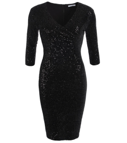 Black Velour Sequin Knee Length Dress