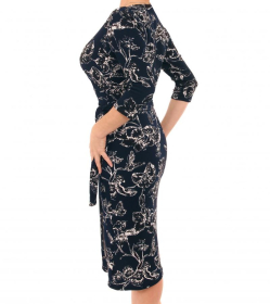 Navy Blue and White Textured Floral Wrap Dress