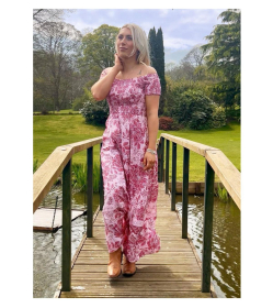Pink Floral Bardot Shirred Maxi Dress