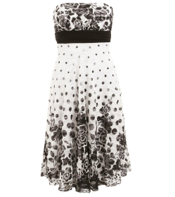 White and Black Floral Lace Strapless Dress