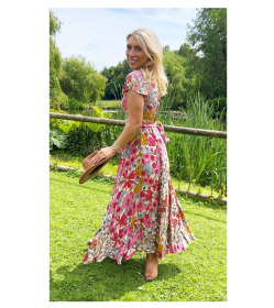 Pink Multi Print Button Detail Maxi Dress