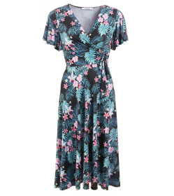 Pink and Blue Floral Print Fit and Flare Dress