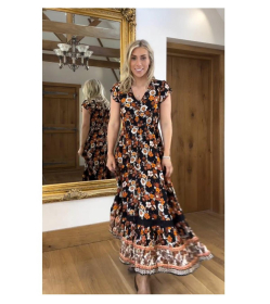 Orange Border Print Button Through Maxi Dress