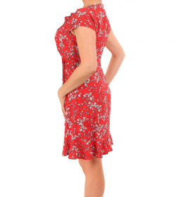 Red Ruffle Mock Wrap Skater Dress