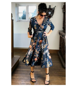 Dark Teal Floral Fit & Flare Tie Detail Dress
