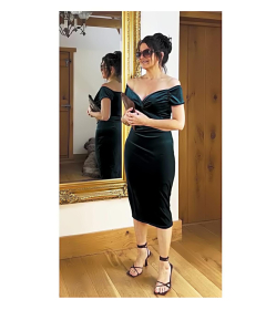 Emerald Green Velour Bardot Dress