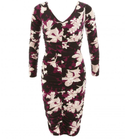 Plum Floral Ruched V Neck Dress