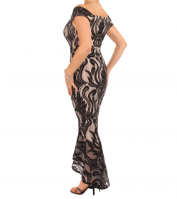 Black and Nude Fishtail Bardot Dress