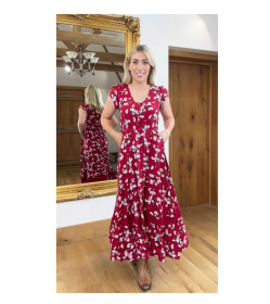 Red and White Floral Print Button Through Maxi Dress