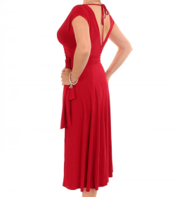 Red V Neck Fit and Flare Dress