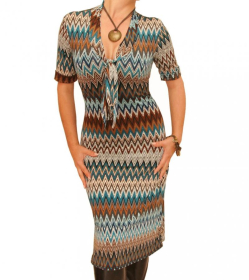 Teal Zig Zag Print Pussy Bow Dress