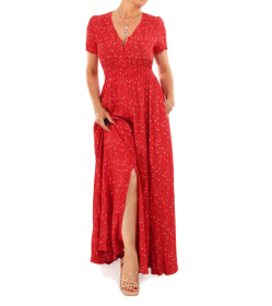 Red Ditsy Print Button-Through Maxi Dress