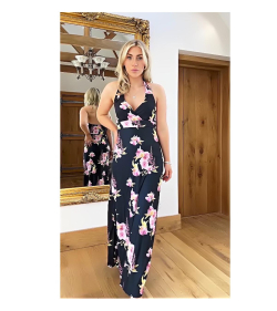 Black and Pink Floral Maxi Dress