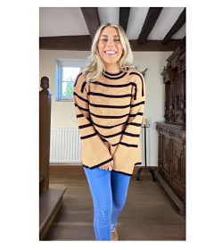 Camel and Black Striped Bell Sleeve Jumper