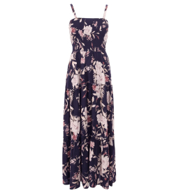 Navy Blue and Pink Floral Strappy Maxi Dress