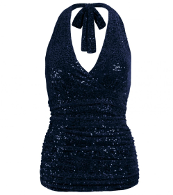 Navy Blue Velour Sequin Figure Hugging Halter Top