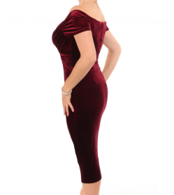 Wine Velour Bardot Dress
