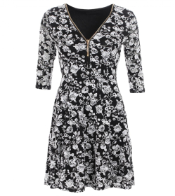 Black and White Lace Zip up Skater Dress