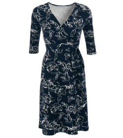 Navy Blue and White Textured Floral Wrap Dress