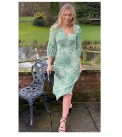 Green Print Puffed Sleeve Midi Dress