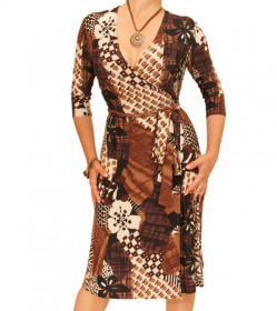 Brown Print Slinky Wrap Dress