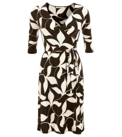 Black and Ivory Leaf Print Wrap Dress