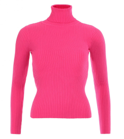 Hot Pink Ribbed Polo Neck Clingy Jumper