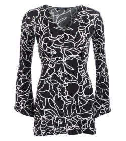 Black and White Squiggle Print Bell Sleeve Tunic Top
