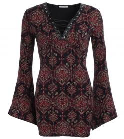 Paisley Print Lace Up Bell Sleeve Top