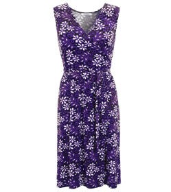 Purple Floral Print Sleeveless Wrap Dress
