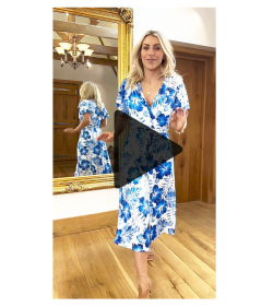 Blue Floral V Neck Belted Flutter Sleeve Dress